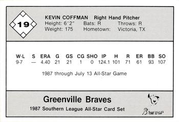 1987 Jennings Southern League All-Stars #19 Kevin Coffman Back