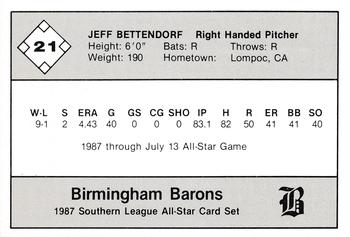 1987 Jennings Southern League All-Stars #21 Jeff Bettendorf Back
