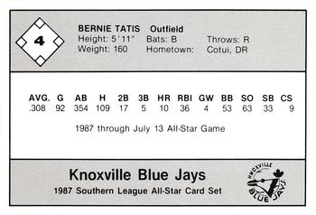 1987 Jennings Southern League All-Stars #4 Bernie Tatis Back
