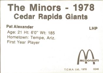 1978 TCMA Cedar Rapids Giants #1 Pat Alexander Back