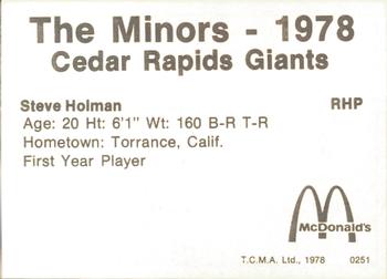 1978 TCMA Cedar Rapids Giants #11 Steve Holman Back