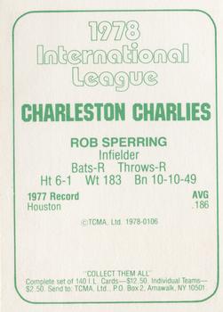 1978 TCMA Charleston Charlies #106 Rob Sperring Back