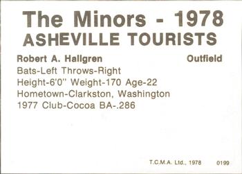 1978 TCMA Asheville Tourists #0199 Bob Hallgren Back
