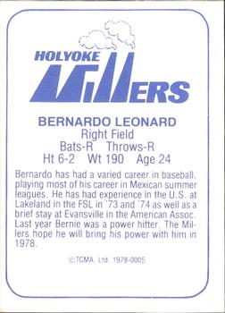 1978 TCMA Holyoke Millers #15 Bernardo Leonard Back