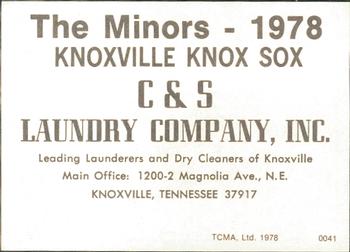 1978 TCMA Knoxville Knox Sox #0041 Tom Spencer Back