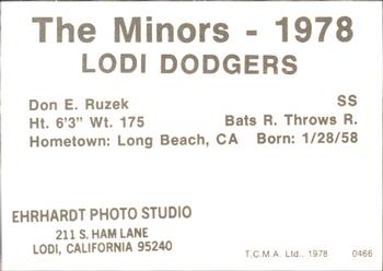 1978 TCMA Lodi Dodgers #16 Don Ruzek Back