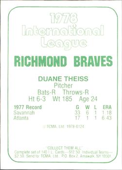 1978 TCMA Richmond Braves #124 Duane Theiss Back
