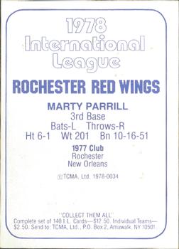 1978 TCMA Rochester Red Wings #34 Marty Parrill Back