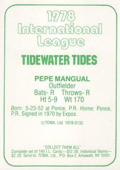 1978 TCMA Tidewater Tides #132 Pepe Mangual Back