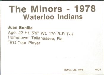 1978 TCMA Waterloo Indians #3 Juan Bonilla Back