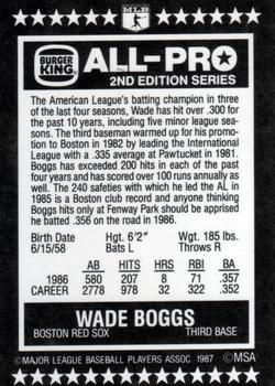 1987 Burger King All-Pro #1 Wade Boggs Back