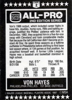 1987 Burger King All-Pro #8 Von Hayes Back