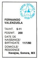 1982 All-Star Game Program Inserts #NNO Fernando Valenzuela Back