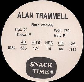 1985 Cain's Detroit Tigers Discs #NNO Alan Trammell Back