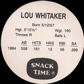 1985 Cain's Detroit Tigers Discs #NNO Lou Whitaker Back