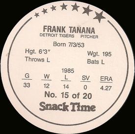 1986 Cain's Detroit Tigers Discs #15 Frank Tanana Back