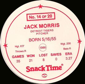 1987 Cain's Detroit Tigers Discs #14 Jack Morris Back