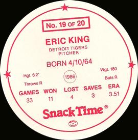 1987 Cain's Detroit Tigers Discs #19 Eric King Back