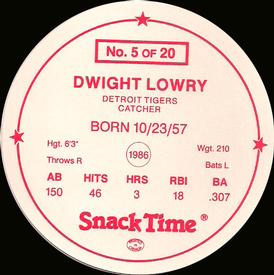 1987 Cain's Detroit Tigers Discs #5 Dwight Lowry Back