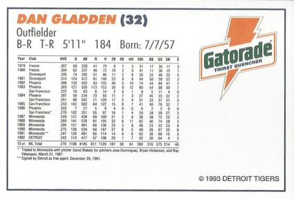 1993 Gatorade Detroit Tigers #NNO Dan Gladden Back