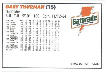 1993 Gatorade Detroit Tigers #NNO Gary Thurman Back