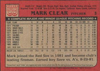 1982 Topps Brigham's/Coca-Cola Boston Red Sox #3 Mark Clear Back
