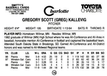 1989 Charlotte Knights #16 Greg Kallevig Back