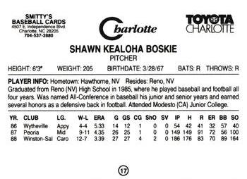 1989 Charlotte Knights #17 Shawn Boskie Back