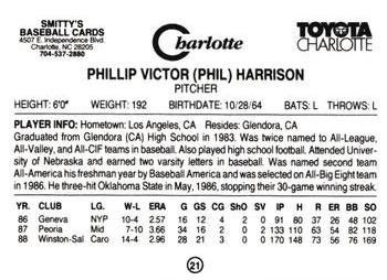 1989 Charlotte Knights #21 Phil Harrison Back
