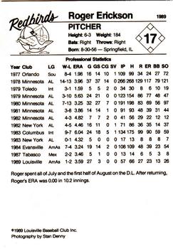 1989 Louisville Redbirds #17 Roger Erickson Back