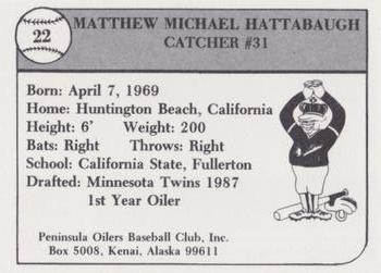 1989 Peninsula Oilers #22 Matt Hattabaugh Back