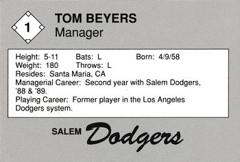 1989 Salem Dodgers #1 Tom Beyers Back