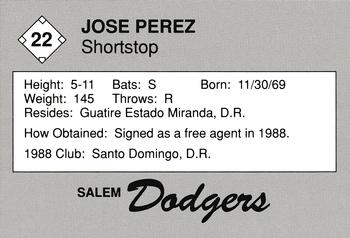 1989 Salem Dodgers #22 Jose Perez Back