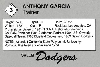 1989 Salem Dodgers #3 Anthony Garcia Back