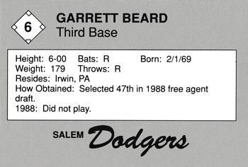 1989 Salem Dodgers #6 Garrett Beard Back