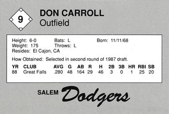 1989 Salem Dodgers #9 Don Carroll Back