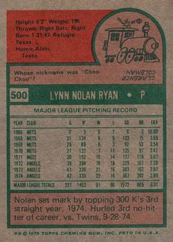 1975 Topps #500 Nolan Ryan Back