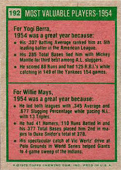 1975 Topps #192 1954 MVPs (Yogi Berra / Willie Mays) Back