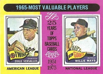 1975 Topps #203 1965 MVPs (Zoilo Versalles / Willie Mays) Front