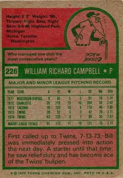 1975 Topps #226 Bill Campbell Back