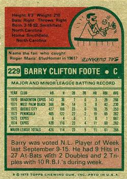 1975 Topps #229 Barry Foote Back