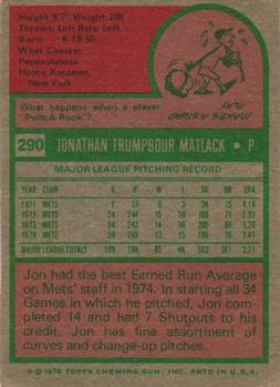 1975 Topps #290 Jon Matlack Back