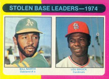 1975 Topps #309 1974 Stolen Base Leaders (Bill North / Lou Brock) Front