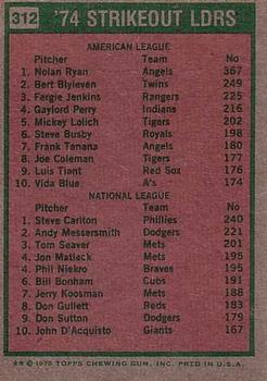 1975 Topps #312 1974 Strikeout Leaders (Nolan Ryan / Steve Carlton) Back
