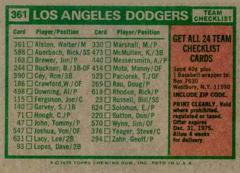 1975 Topps #361 Los Angeles Dodgers / Walter Alston Back
