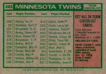 1975 Topps #443 Minnesota Twins / Frank Quilici Back