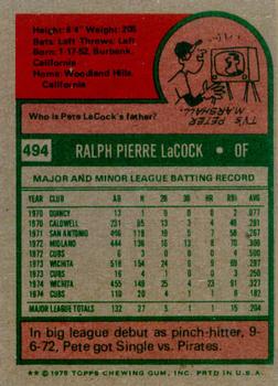 1975 Topps #494 Pete LaCock Back