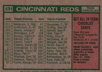 1975 Topps #531 Cincinnati Reds / Sparky Anderson Back