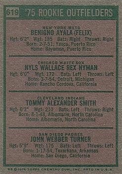 1975 Topps #619 1975 Rookie Outfielders (Benny Ayala / Nyls Nyman / Tommy Smith / Jerry Turner) Back