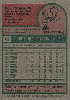 1975 Topps #62 Fritz Peterson Back